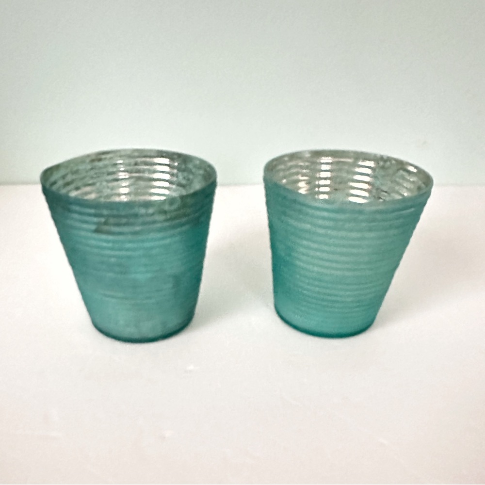 Crate&Barrel Set of Frosted Aqua Votive ~4x4” Mercury Glass Look